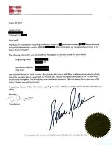 Saleen Automotive 'Letter of Authenticity'